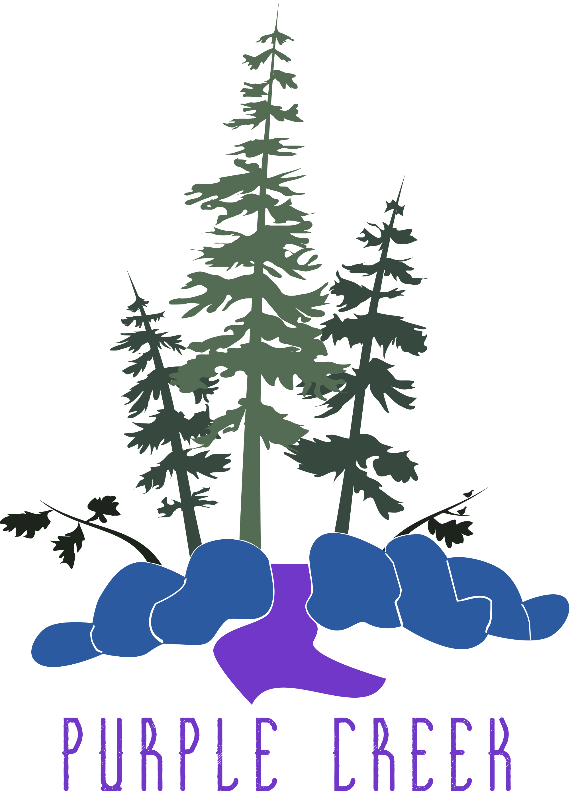 Purple Creek Tri-Colour Logo- a purple creek flows between blue rocks and green trees